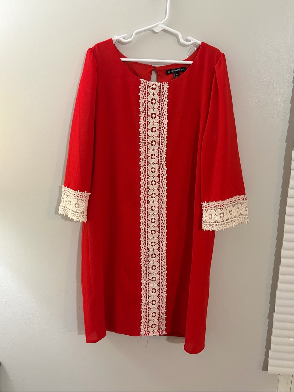 Sequin Hearts Red Shift Dress with Cream Lace Trim